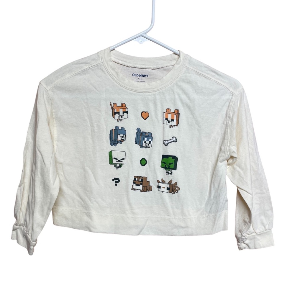 Minecraft Shirt Cropped Long Sleeve Beige Girls Video Game Animals Size 6/7